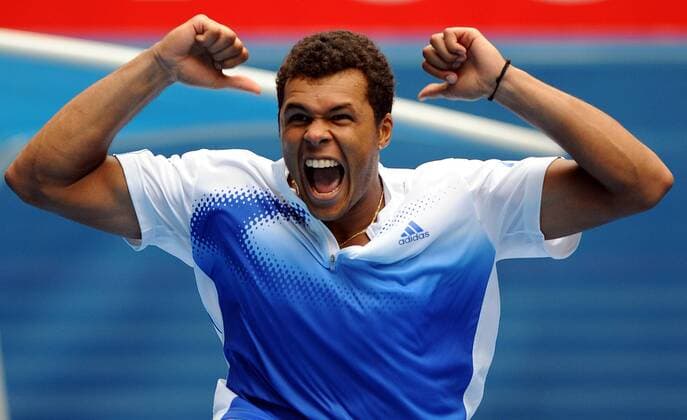 Jo Wilfried Tsonga (Frankreich) jubelt -  Tennis Herren Australian Open 2008, Grand Slam, ATP Tour Einzelbild Melbourne Freude, Begeisterung, Tennis Herren Australian Open 2008, Grand Slam, ATP Tour Einzelbild Melbourne Freude, Begeisterung,