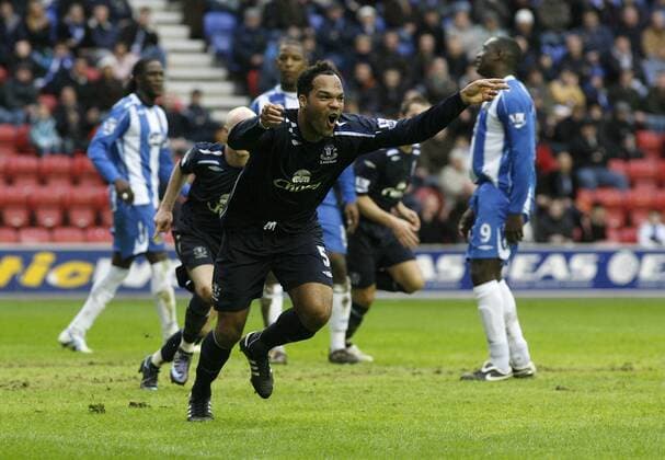 Jolean Lescott (Everton) - Torjubel -  Fußball Herren English Premier League 2007 2008, 1. Englische Liga, Wigan Athletic - Everton FC Gruppe Wigan Freude, Begeisterung, Fußball Herren English Premier League 2007 2008, 1. Englische Liga, Wigan Athletic - Everton FC Gruppe Wigan Freude, Begeisterung,