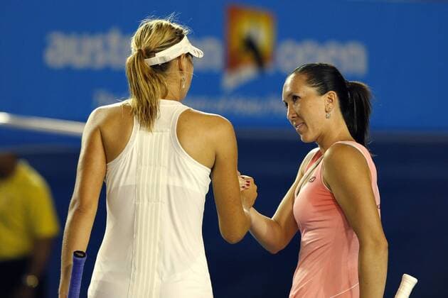Jelena Jankovic (Serbien, re.) und Maria Sharapova (Russland) - shakehands -  Tennis Damen Australian Open 2008, Grand Slam, WTA Tour, Gruppe Melbourne Tennis Damen Australian Open 2008, Grand Slam, WTA Tour, Gruppe Melbourne