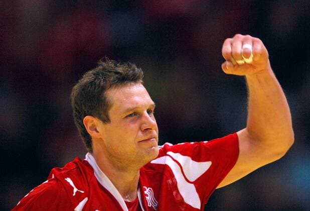 Michael Knudsen (Dänemark) jubelt Handball Länderspiel Herren EM 2008, Nationalteam, Nationaltrikot, Hauptrunde Porträt Stavanger Freude, Handball Länderspiel Herren EM 2008, Nationalteam, Nationaltrikot, Hauptrunde Porträt Stavanger Freude,