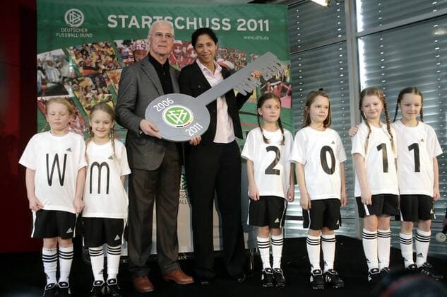 Steffi Jones, OK Präsidentin Frauen Fußball WM 2011, und Franz Beckenbauer (beide Deutschland) anlässlich der Büro Eröffnung des OK FIFA WM 2011 in der Frankfurter DFB Zentrale Fußball Damen WM Organisation 2008, Nationalteam, Frauen, Frauenfußball, Büroeröffnung, Einweihung, Schlüssel Gruppe o0 Schlüsselübergabe, Übergabe, übergeben Frankfurt M. Fußball Damen WM Organisation 2008, Nationalteam, Frauen, Frauenfußball, Büroeröffnung, Einweihung, Schlüssel Gruppe o0 Schlüsselübergabe, Übergabe, übergeben Frankfurt M.