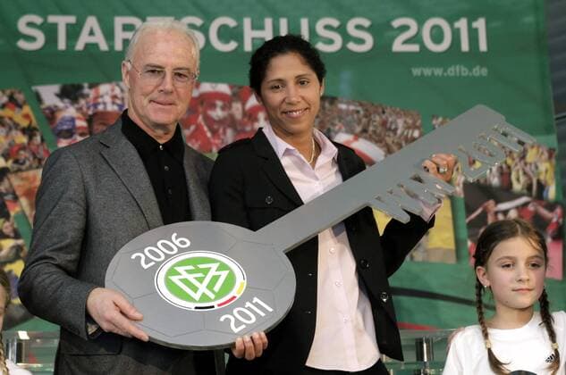 Steffi Jones, OK Präsidentin Frauen Fußball WM 2011, und Franz Beckenbauer (beide Deutschland) anlässlich der Büro Eröffnung des OK FIFA WM 2011 in der Frankfurter DFB Zentrale Fußball Damen WM Organisation 2008, Nationalteam, Frauen, Frauenfußball, Büroeröffnung, Einweihung, Schlüssel Gruppe o0 Schlüsselübergabe, Übergabe, übergeben Frankfurt M. Fußball Damen WM Organisation 2008, Nationalteam, Frauen, Frauenfußball, Büroeröffnung, Einweihung, Schlüssel Gruppe o0 Schlüsselübergabe, Übergabe, übergeben Frankfurt M.