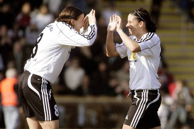 Tina Wunderlich (li.) und Alexandra Krieger (beide FFC Frankfurt) - Torjubel Fußball 1. BL Damen Saison 2007 2008, 1. FFC Frankfurt, Frauen, Frauenfußball Ali Gruppe Frankfurt M. Freude, Fußball 1. BL Damen Saison 2007 2008, 1. FFC Frankfurt, Frauen, Frauenfußball Ali Gruppe Frankfurt M. Freude,