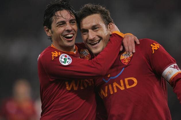 Mauro Esposito (li.) und Francesco Totti (beide AS Rom) - Torjubel -  Fußball Herren Serie A 2007 2008, 1. Italienische Liga, Roma Gruppe Rom Freude, Fußball Herren Serie A 2007 2008, 1. Italienische Liga, Roma Gruppe Rom Freude,