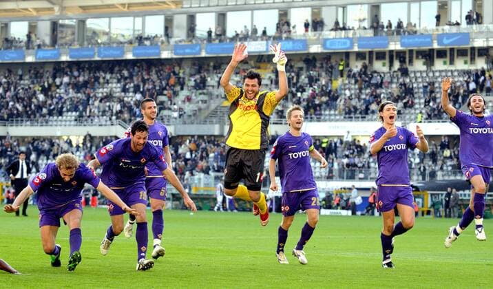 Schlussjubel AC Florenz mit Torwart Sebastian Frey (Mitte) - Fußball Herren Serie A 2007 2008, 1. Italienische Liga, AC Florenz, ACF Fiorentina Gruppe Turin Freude, Begeisterung, Fußball Herren Serie A 2007 2008, 1. Italienische Liga, AC Florenz, ACF Fiorentina Gruppe Turin Freude, Begeisterung,