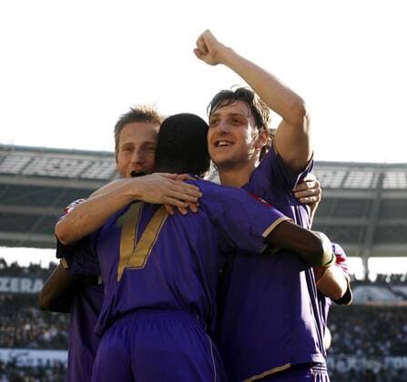 Zdravko Kuzmanovic (re.) und Martin Jörgensen (beide AC Florenz, li.) - Torjubel -  Fußball Herren Serie A 2007 2008, 1. Italienische Liga, ACF Fiorentina Gruppe Turin Freude, Fußball Herren Serie A 2007 2008, 1. Italienische Liga, ACF Fiorentina Gruppe Turin Freude,