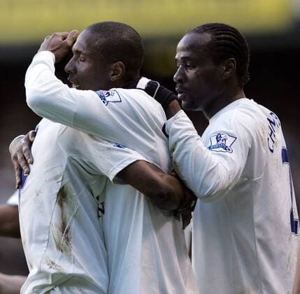 Gilberto (Mitte) und Pascal Chimbonda (beide Tottenham Hotspur) - Torjubel - EDITORIAL USE ONLY. No use with unauthorised audio, video, data, fixture lists, club league logos or live services. Online in-match use limited to 120 images, no video emulation. No use in betting, games or single club league player publications. Fußball Herren English Premier League 2007 2008, 1. Englische Liga, Tottenham Hotspurs, Spurs Gruppe London Freude, Begeisterung, Fußball Herren English Premier League 2007 2008, 1. Englische Liga, Tottenham Hotspurs, Spurs Gruppe London Freude, Begeisterung,