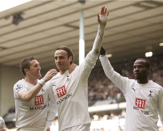 Torjubel Tottenham Hotspur, v.li.: Robbie Keane, Dimitar Berbatov und Pascal Chimbonda -  Fußball Herren English Premier League 2007 2008, 1. Englische Liga, Tottenham Hotspurs, Spurs Gruppe London Freude, Fußball Herren English Premier League 2007 2008, 1. Englische Liga, Tottenham Hotspurs, Spurs Gruppe London Freude,