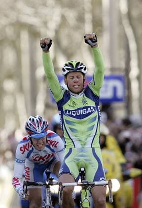 Kjell Carlström (Finnland Liquigas, re.) gewinnt die 3. Etappe von Paris Nizza 2008 vor Clement L Hotellerie (Frankreich Skil Shimano) Radsport Herren Paris Nizza 2008, Straßenradsport, Straße, Rad, Gruppe 3. Etappe: Fleurie - St. Etienne Freude, Radsport Herren Paris Nizza 2008, Straßenradsport, Straße, Rad, Gruppe 3. Etappe: Fleurie - St. Etienne Freude,