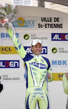 Kjell Carlström (Finnland Liquigas) gewinnt die 3. Etappe von Paris Nizza 2008 Radsport Herren Paris Nizza 2008, Straßenradsport, Straße, Rad, Einzelbild 3. Etappe: Fleurie - St. Etienne Freude, Radsport Herren Paris Nizza 2008, Straßenradsport, Straße, Rad, Einzelbild 3. Etappe: Fleurie - St. Etienne Freude,