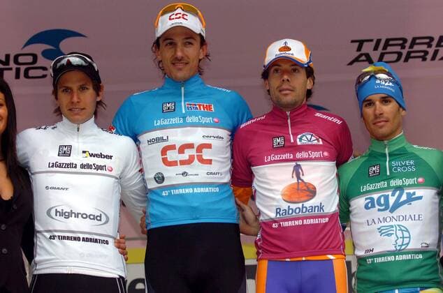 Siegerehrung Tirreno Adriatico 2008:, v.li.: Thomas Lövkvist (Schweden High Road), Gesamtsieger Fabian Cancellara (Schweiz CSC, 2.v.li.), Oscar Freire (Spanien Rabobank) und Loyd Mondory (Frankreich AG2R Prevoyance) -  Radsport Herren Tirreno Adriatico 2008, Straßenradsport, Straße, Rad, Siegerehrung, Podium, Podest Gruppe 7.Etappe: San Benedetto del Trento Freude, Radsport Herren Tirreno Adriatico 2008, Straßenradsport, Straße, Rad, Siegerehrung, Podium, Podest Gruppe 7.Etappe: San Benedetto del Trento Freude,
