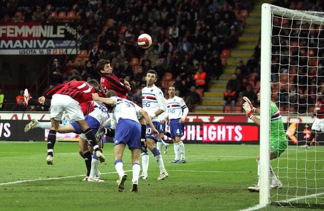 Alberto Paloschi (AC Mailand, 2.v.li.) trifft zum 1:2 - Fußball Herren Serie A 2007 2008, 1. Italienische Liga, AC Mailand - Sampdoria Genua 1:2, Milan Gruppe Mailand Dynamik, Fußball Herren Serie A 2007 2008, 1. Italienische Liga, AC Mailand - Sampdoria Genua 1:2, Milan Gruppe Mailand Dynamik,