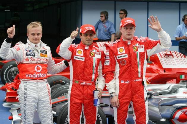 Qualifying GP von Malaysia 2008, v.li.: Dritter Heikki Kovalainen (Finnland McLaren Mercedes), Erster Felipe Massa (Brasilien) und Teamkollege Kimi Räikkönen (Finnland beide Ferrari) Motorsport Grand Prix Herren Großer Preis von Malaysia 2008, Formel 1 Weltmeisterschaft, F1, F, GP, WM, Qualifying Gruppe Kuala Lumpur Sepang Motorsport Grand Prix Herren Großer Preis von Malaysia 2008, Formel 1 Weltmeisterschaft, F1, F, GP, WM, Qualifying Gruppe Kuala Lumpur Sepang