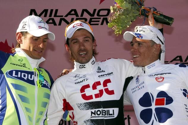 Siegerehrung Mailand - San Remo 2008 - Sieger Fabian Cancellara (Schweiz CSC) zwischen Filippo Pozzato (Italien Liquigas, li.) und Philippe Gilbert (Belgien Francaise des Jeux) -  Radsport Herren Mailand - San Remo 2008, Straßenradsport, Straße, Rad Gruppe premiumd Mailand - San Remo Freude, Radsport Herren Mailand - San Remo 2008, Straßenradsport, Straße, Rad Gruppe premiumd Mailand - San Remo Freude,