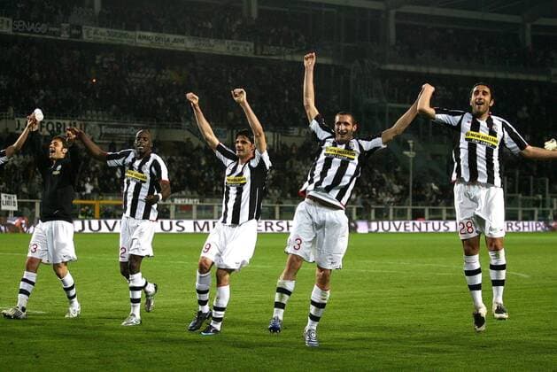 Schlussjubel Juventus Turin -  Fußball Herren Serie A 2007 2008, 1. Italienische Liga, Juve Gruppe Turin Freude, Fußball Herren Serie A 2007 2008, 1. Italienische Liga, Juve Gruppe Turin Freude,
