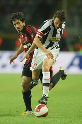 Alessandro del Piero (Juventus Turin, re.) gegen Gennaro Gattuso (AC Mailand) - Fußball Herren Serie A 2007 2008, 1. Italienische Liga, Juventus Turin - AC Mailand 3:2, Juve, Milan Gruppe Turin Dynamik, Fußball Herren Serie A 2007 2008, 1. Italienische Liga, Juventus Turin - AC Mailand 3:2, Juve, Milan Gruppe Turin Dynamik,