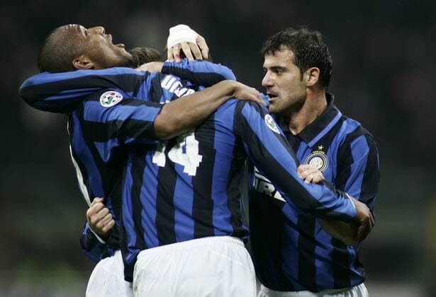 Torjubel Inter Mailand, u.a. mit Maicon (li.) und Dejan Stankovic (re.) -  Fußball Herren Serie A 2007 2008, 1. Italienische Liga, Internazionale Mailand Gruppe Mailand Freude, Fußball Herren Serie A 2007 2008, 1. Italienische Liga, Internazionale Mailand Gruppe Mailand Freude,
