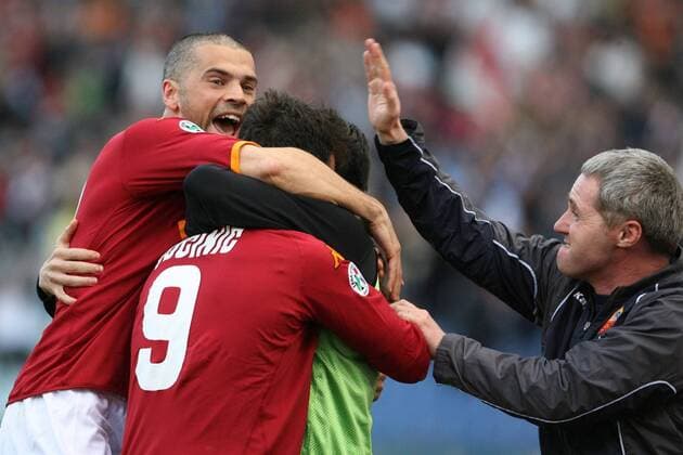 Max Tonetto (li.) und Torschütze Mirko Vucinic (beide AS Rom) - Torjubel -  Fußball Herren Serie A 2007 2008, 1. Italienische Liga, AS Rom, Roma Gruppe Rom Freude, Fußball Herren Serie A 2007 2008, 1. Italienische Liga, AS Rom, Roma Gruppe Rom Freude,