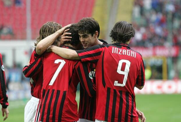 Torjubel AC Mailand, u.a. Kaka (2.v.re.) - Fußball Herren Serie A 2007 2008, 1. Italienische Liga, AC Mailand, Milan Gruppe Mailand Freude, Fußball Herren Serie A 2007 2008, 1. Italienische Liga, AC Mailand, Milan Gruppe Mailand Freude,