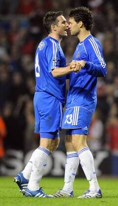 Michael Ballack (re.) und Frank Lampard (beide Chelsea) - Schlussjubel - EDITORIAL USE ONLY. No use with unauthorised audio, video, data, fixture lists, club league logos or live services. Online in-match use limited to 120 images, no video emulation. No use in betting, games or single club league player publications. Fußball EC 1 Herren Champions League 2007 2008, Chelsea FC London Gruppe Liverpool Freude, Fußball EC 1 Herren Champions League 2007 2008, Chelsea FC London Gruppe Liverpool Freude,