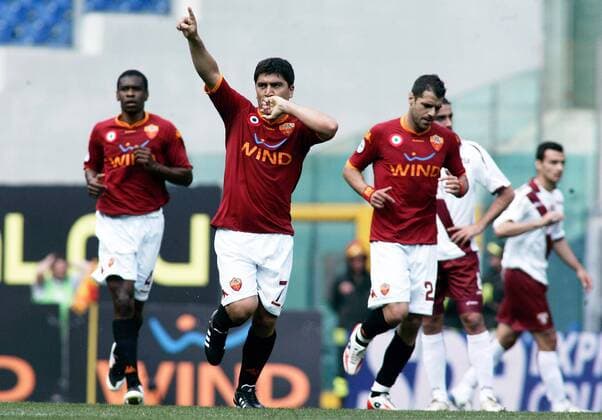 David Pizarro (li.) und Simone Perrotta (re., beide AS Rom) - Torjubel -  Fußball Herren Serie A 2007 2008, 1. Italienische Liga, AS Rom, Roma Gruppe Rom Freude, Fußball Herren Serie A 2007 2008, 1. Italienische Liga, AS Rom, Roma Gruppe Rom Freude,