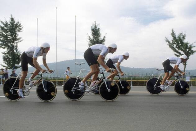 BR Deutschland Vierer mit Ernst Christl, Bernd Gröne, Rajmund Lehnert und Remig Stumpf Radsport OS Sommer Herren Olympische Spiele Seoul 1988, Sommerspiele, Gruppe Seoul Dynamik, Radsport OS Sommer Herren Olympische Spiele Seoul 1988, Sommerspiele, Gruppe Seoul Dynamik,