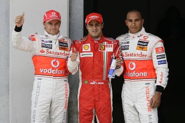 Qualifying GP der Türkei 2008: Felipe Massa (Brasilien Ferrari, Mitte) holt sich die Pole Position vor Heikki Kovalainen (Finnland, li.) und Lewis Hamilton (England beide McLaren Mercedes) -  Motorsport Grand Prix Herren Großer Preis der Türkei 2008, Formel 1 Weltmeisterschaft, F1, F, GP, WM, Qualifying Gruppe Istanbul Freude, Motorsport Grand Prix Herren Großer Preis der Türkei 2008, Formel 1 Weltmeisterschaft, F1, F, GP, WM, Qualifying Gruppe Istanbul Freude,