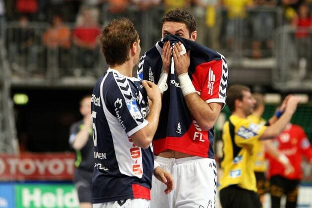 Blazenko Lackovic (re.) im Gespräch mit Lars Christiansen (beide Flensburg) Handball 1. BL Herren Saison 2007 2008, SG Flensburg Handewitt Gruppe Mannheim Enttäuschung, Handball 1. BL Herren Saison 2007 2008, SG Flensburg Handewitt Gruppe Mannheim Enttäuschung,