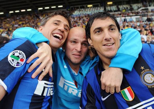 Inter Mailand - Italienischer Meister 2008, v.li.: Hernan Crespo, Esteban Cambiasso und Nicolas Burdisso -  Fußball Herren Serie A 2007 2008, 1. Italienische Liga, FC Internazionale Mailand Gruppe Parma Fußball Herren Serie A 2007 2008, 1. Italienische Liga, FC Internazionale Mailand Gruppe Parma
