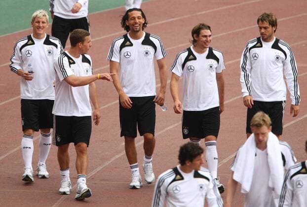 Training Deutschland, v.li.: Bastian Schweinsteiger, Lukas Podolski, Kevin Kuranyi, Patrick Helmes und Heiko Westermann (alle Deutschland) Fußball EM Herren EM 2008, Euro, Vorschau, Nationalmannschaft, Gruppe Palma de Mallorca