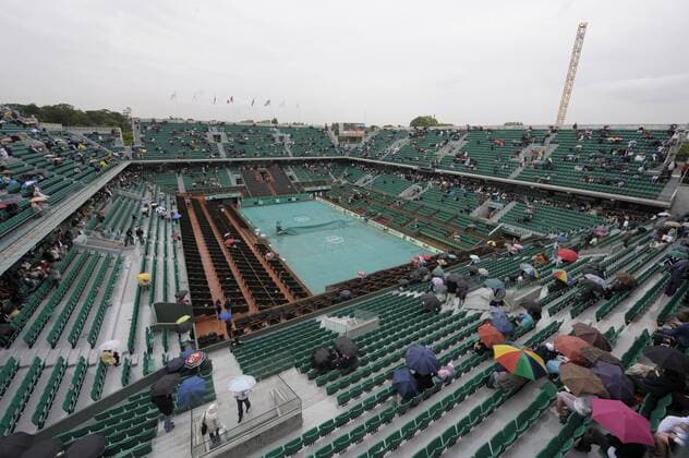 Regenpause auf dem Center Court Philippe Chatrier in Roland Garros -  Tennis Herren French Open 2008, Grand Slam, ATP Tour Zuschauer Totale Roland Garros Paris