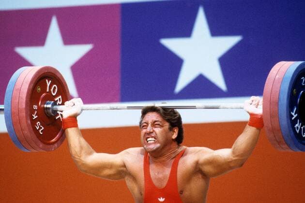Rolf Milser (BR Deutschland) Gewichtheben OS Sommer Herren Olympische Spiele Los Angeles 1984, Sommerspiele, Einzelbild Los Angeles, LA, L A Anstrengung,