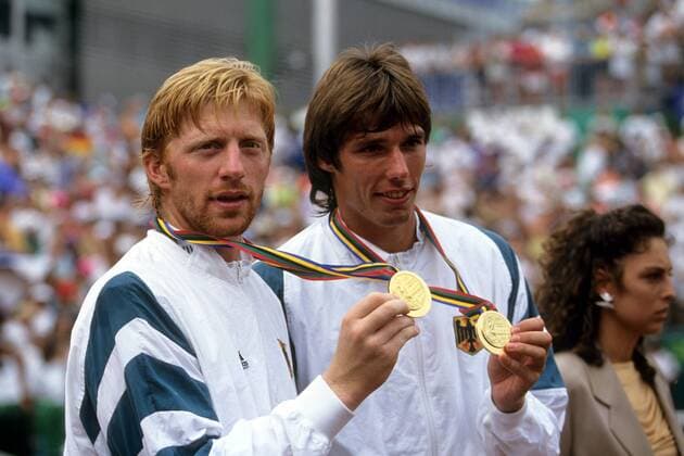 Boris Becker (li.) und Michael Stich (beide Deutschland), Doppel Olympiasieger 1992 Tennis OS Sommer Herren Olympische Spiele 1992, Sommerspiele, Finale Gruppe Barcelona