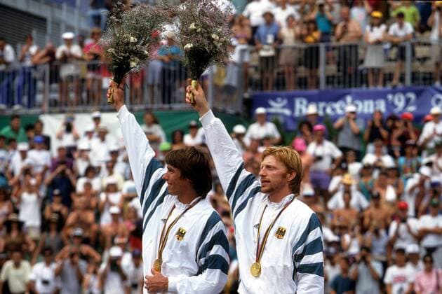 Boris Becker (re.) und Michael Stich (beide Deutschland), Doppel Olympiasieger 1992 Tennis OS Sommer Herren Olympische Spiele 1992, Sommerspiele, Finale Gruppe Barcelona