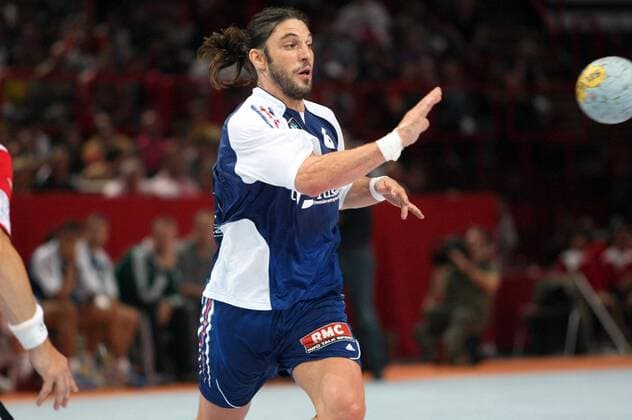 Bertrand Gille (Frankreich) -  (pan26208) Handball Länderspiel Herren Olympiaqualifikation 2008, Olympia Qualifikation, Nationalmannschaft, Nationaltrikot, Einzelbild Dynamik,