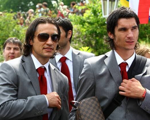 Niko Kovac (li.) und Nikola Pokrivac (beide Kroatien) - Fußball EM Herren Vorschau Euro 2008, Nationalmannschaft, Ankunft, Anreise, Kroatien, Gruppe Graz Fußball EM Herren Vorschau Euro 2008, Nationalmannschaft, Ankunft, Anreise, Kroatien, Gruppe Graz