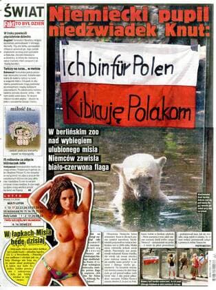 NUR ALS AUSRISS VERWENDEN: Rückseite der polnischen Boulevardzeitung Fakt dokumentiert die inszenierte Sympathiezusprechung von Eisbär Knut für Polen - Anspielung auf die EURO Partie Deutschland - Polen -  (EN20080944) Fußball EM Herren Vorschau EURO 2008, Nationalmannschaft, Gruppe B, Vdig Einzelbild o0 Boulevard Boulevardpresse