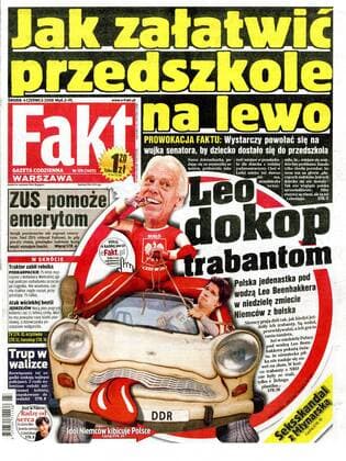 NUR ALS AUSRISS VERWENDEN: Die Boulevardzeitung Fakt hofft mit einem Trabbi reitenden Nationaltrainer Leo Beenhakker (Polen) bei der EURO 2008 Michael Ballack (Deutschland) die Zügel aus der Hand zu nehmen -  (EN20080942) Fußball EM Herren Vorschau EURO 2008, Nationalmannschaft, Gruppe B, Vdig Einzelbild o0 Boulevard Boulevardpresse Unterwerfung, Überlegenheit, Fußball EM Herren Vorschau EURO 2008, Nationalmannschaft, Gruppe B, Vdig Einzelbild o0 Boulevard Boulevardpresse Unterwerfung, Überlegenheit,