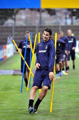 Zlatan Ibrahimovic (Schweden) umkurvt Slalomstangen -  Fußball EM Herren Vorschau Euro 2008, Nationalteam, Training, Trainingslager Einzelbild Lugano Dynamik,