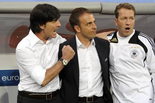 Trainergespann Deutschland, v.li.: Bundestrainer Joachim Löw, Co Trainer Hans Dieter Flick und Torwarttrainer Andreas Köpke Fußball Länderspiel Herren EURO 2008, EM, Nationalteam, Deutschland Gruppe Klagenfurt Harmonie Freude Fußball Länderspiel Herren EURO 2008, EM, Nationalteam, Deutschland Gruppe Klagenfurt Harmonie Freude