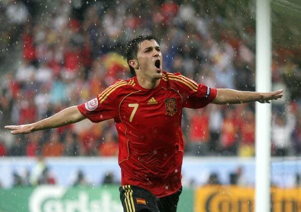 David Villa (Spanien) - Torjubel - Fußball EM Herren Euro 2008, Nationalmannschaft, Länderspiel, Nationaltrikot, Einzelbild Innsbruck Freude, Begeisterung, Fußball EM Herren Euro 2008, Nationalmannschaft, Länderspiel, Nationaltrikot, Einzelbild Innsbruck Freude, Begeisterung,