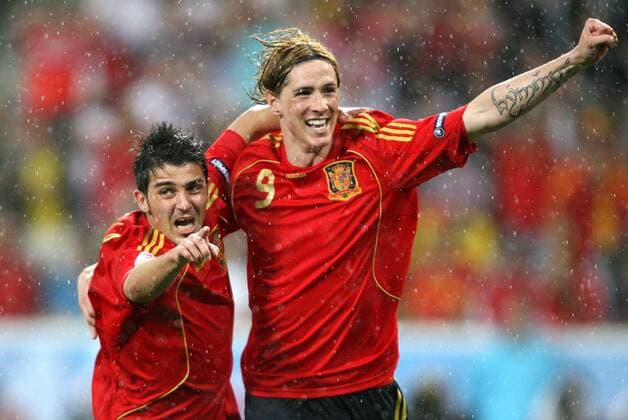 David Villa (li.) und Fernando Torres (beide Spanien) - Torjubel - Fußball EM Herren Euro 2008, Nationalmannschaft, Länderspiel, Nationaltrikot, Gruppe Innsbruck Freude, Fußball EM Herren Euro 2008, Nationalmannschaft, Länderspiel, Nationaltrikot, Gruppe Innsbruck Freude,