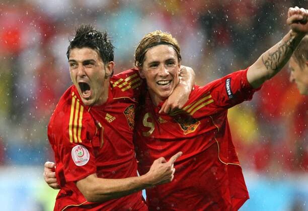 David Villa (li.) und Fernando Torres (beide Spanien) - Torjubel - Fußball EM Herren Euro 2008, Nationalmannschaft, Länderspiel, Nationaltrikot, Gruppe Innsbruck Freude, Begeisterung, Fußball EM Herren Euro 2008, Nationalmannschaft, Länderspiel, Nationaltrikot, Gruppe Innsbruck Freude, Begeisterung,