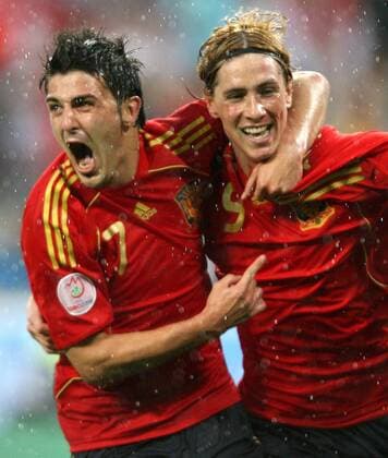 David Villa (li.) und Fernando Torres (beide Spanien) - Torjubel - Fußball EM Herren Euro 2008, Nationalmannschaft, Länderspiel, Nationaltrikot, Gruppe Innsbruck Freude, Begeisterung, Fußball EM Herren Euro 2008, Nationalmannschaft, Länderspiel, Nationaltrikot, Gruppe Innsbruck Freude, Begeisterung,