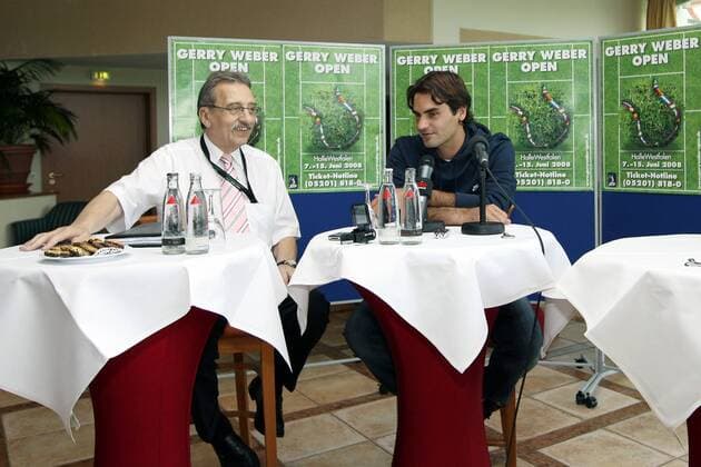Roger Federer (Schweiz, re.) - Pressekonferenz Tennis Herren Gerry Weber Open 2008, ATP Tour, Pressekonferenz, Pressetermin Gruppe Halle Westfalen Tennis Herren Gerry Weber Open 2008, ATP Tour, Pressekonferenz, Pressetermin Gruppe Halle Westfalen