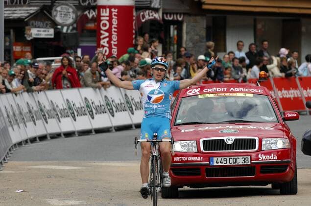 Yury Trofimov (Rußland Bouygues Telecom) gewinnt die 5. Etappe des Criterium Du Dauphine Libere 2008 -  Radsport Herren Criterium Du Dauphine Libere 2008, ProTour, Straßenradsport, Straße, Rad Einzelbild 5. Etappe: Ville La Grand - Morzine Freude,