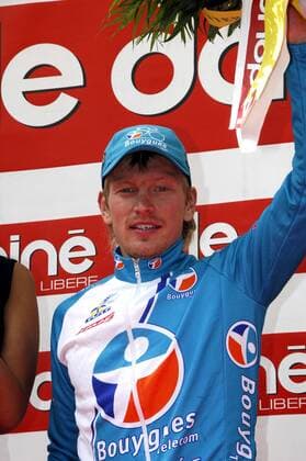 Yury Trofimov (Rußland Bouygues Telecom) gewinnt die 5. Etappe des Criterium Du Dauphine Libere 2008 -  Radsport Herren Criterium Du Dauphine Libere 2008, ProTour, Straßenradsport, Straße, Rad Einzelbild 5. Etappe: Ville La Grand - Morzine Freude,