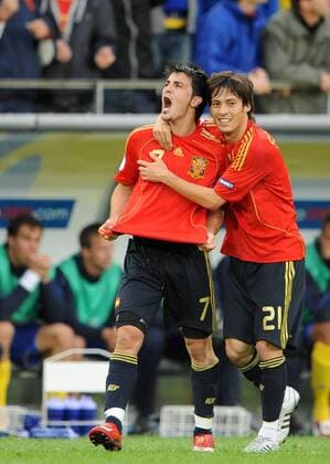 David Villa (li.) und David Silva (beide Spanien) - Torjubel - Fußball EM Herren Euro 2008, Länderspiel, Nationalteam, Nationaltrikot Gruppe Innsbruck Begeisterung, Freude,