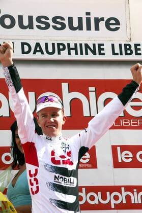 Chris Sörensen (Dänemark CSC) jubelt nach dem Gewinn der 6. Etappe der Dauphine Libere 2008 -  Radsport Herren Criterium du Dauphine Libere 2008, ProTour, Straßenradsport, Straße, Rad Einzelbild 6. Etappe: Morzine - La Toussuire Freude,