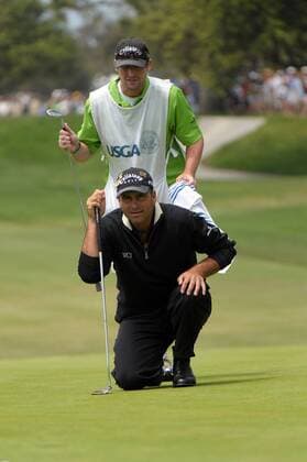 Rocco Mediate (USA, vorn) mit seinem Caddy Matt Achatz -  (SDP2008061516) Golf Herren US Open 2008, PGA Tour Gruppe Torrey Pines San Diego Golf Herren US Open 2008, PGA Tour Gruppe Torrey Pines San Diego
